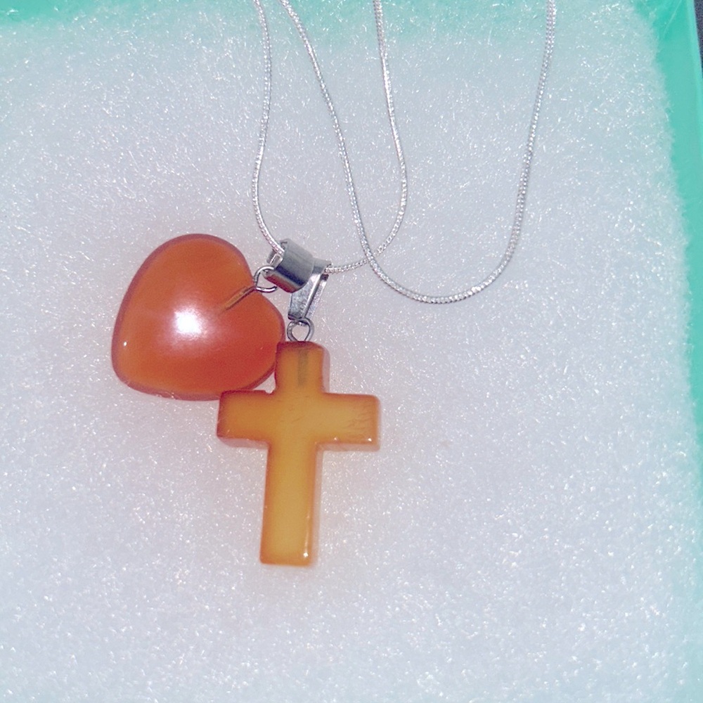 Boho Carnelian Agate Cross and Heart Sterling Silver 16” Necklace